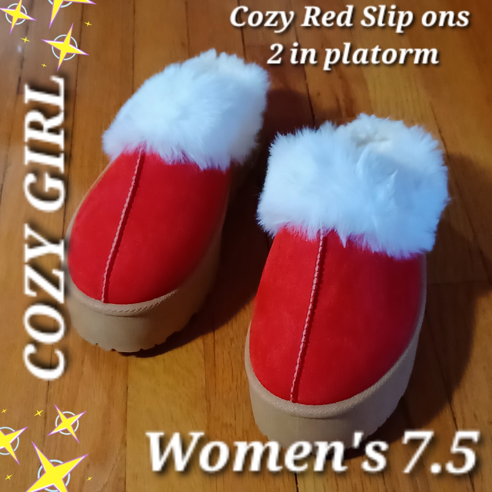Red Mules/Slippers Slip- Ons Platforms 2 in W/ White Fax Fur  Lining Women's 7.5
